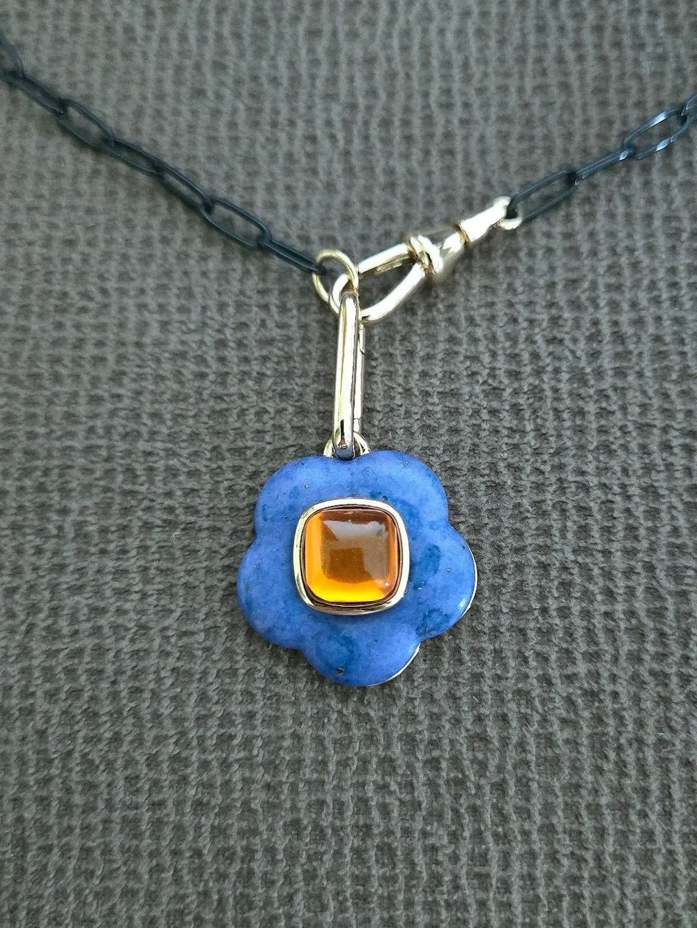 Blue💙 Flower🏵 Pendant Necklace on Black🖤 Paperclip📎 Chain⛓️ - NWOT